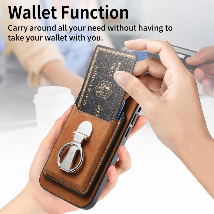 For Huawei Mate 70 Pro Retro Folding Ring Holder Card Bag MagSafe Phone Case(Brown)