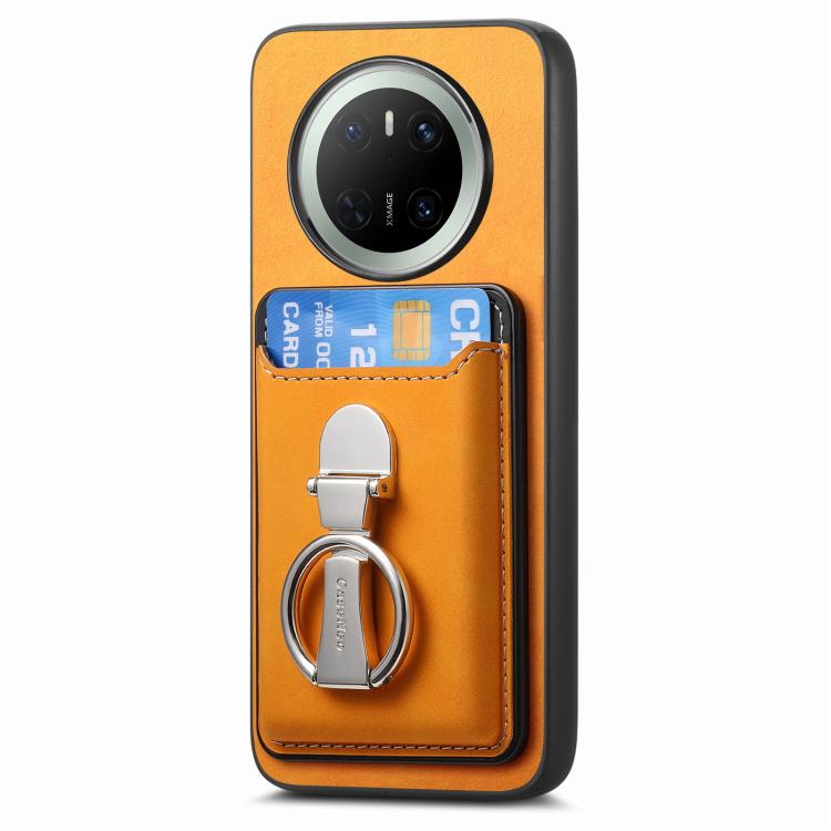 For Huawei Mate 70 Pro Retro Folding Ring Holder Card Bag MagSafe Phone Case(Yellow) - Huawei Cases by PMC TechLife | Online Shopping South Africa | PMC TechLife | Buy Now Pay Later Mobicred