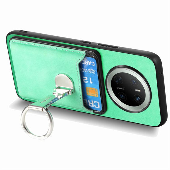 For Huawei Mate 70 Pro Retro Folding Ring Holder Card Bag MagSafe Phone Case(Green)