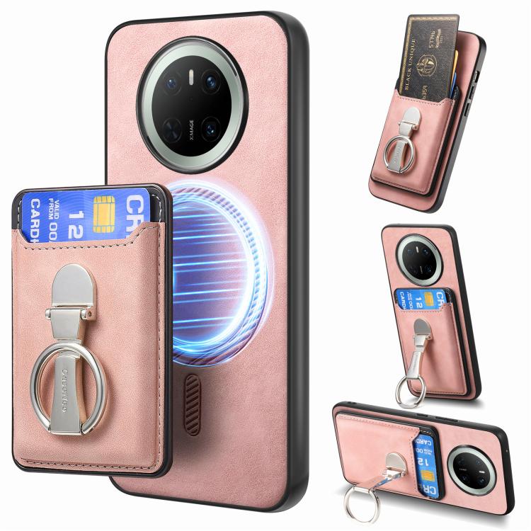 For Huawei Mate 70 Pro Retro Folding Ring Holder Card Bag MagSafe Phone Case(Pink) - Huawei Cases by PMC TechLife | Online Shopping South Africa | PMC TechLife | Buy Now Pay Later Mobicred