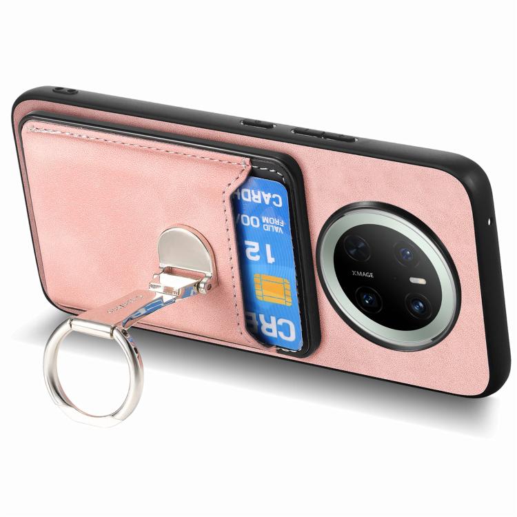 For Huawei Mate 70 Pro Retro Folding Ring Holder Card Bag MagSafe Phone Case(Pink) - Huawei Cases by PMC TechLife | Online Shopping South Africa | PMC TechLife | Buy Now Pay Later Mobicred