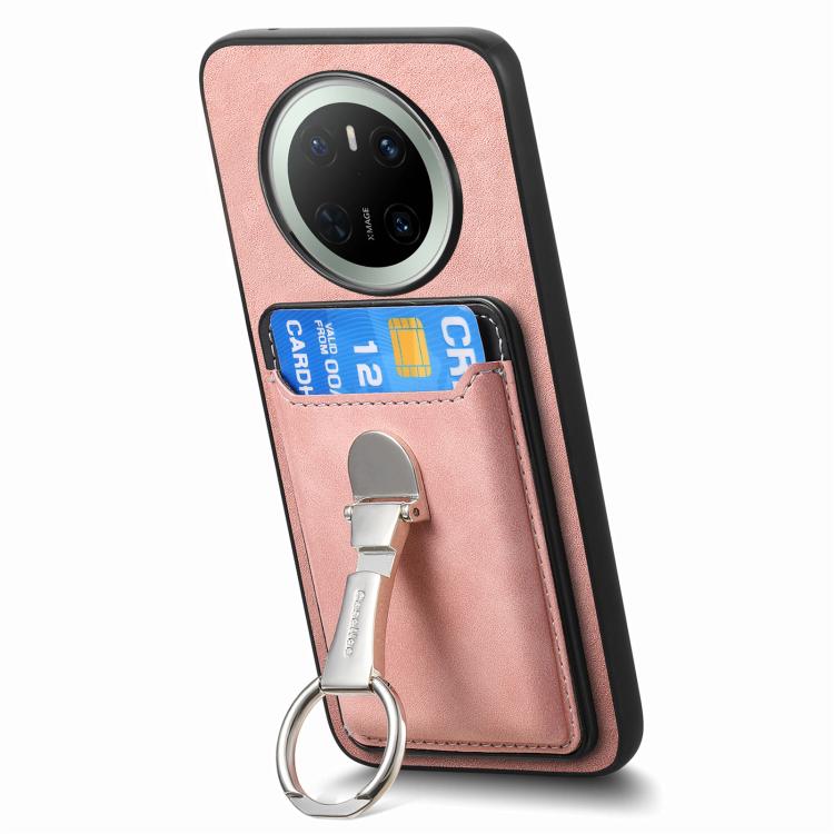 For Huawei Mate 70 Pro Retro Folding Ring Holder Card Bag MagSafe Phone Case(Pink) - Huawei Cases by PMC TechLife | Online Shopping South Africa | PMC TechLife | Buy Now Pay Later Mobicred