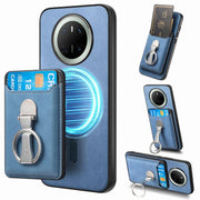 For Huawei Mate 70 Pro Retro Folding Ring Holder Card Bag MagSafe Phone Case(Blue)