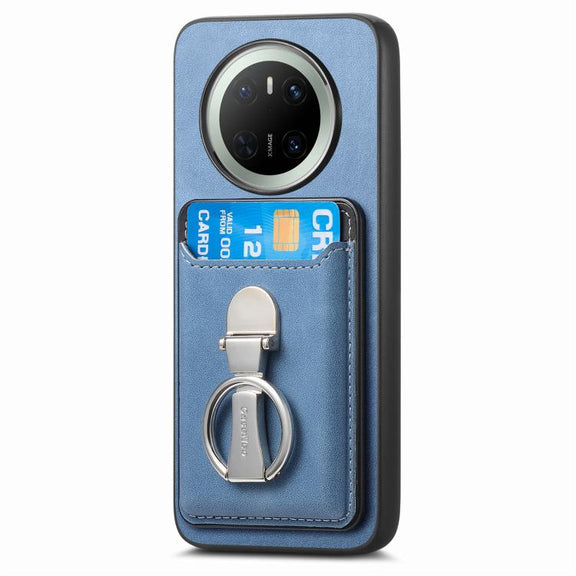 For Huawei Mate 70 Pro Retro Folding Ring Holder Card Bag MagSafe Phone Case(Blue)