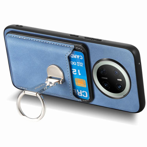 For Huawei Mate 70 Pro Retro Folding Ring Holder Card Bag MagSafe Phone Case(Blue)