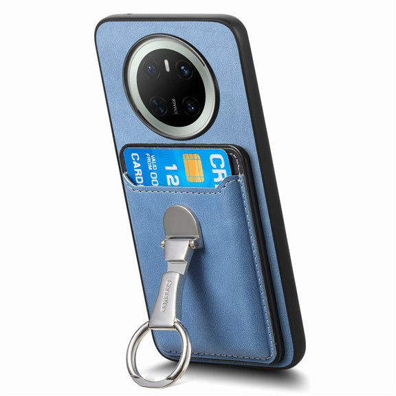 For Huawei Mate 70 Pro Retro Folding Ring Holder Card Bag MagSafe Phone Case(Blue)