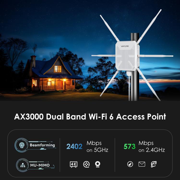 WAVLINK WN588HX3 AX3000 Outdoor WiFi Extender with 6 Antennas Dual Band WiFi Repeater, Plug:UK Plug