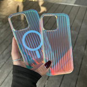 For iPhone 16e Laser Engraved Texture MagSafe Phone Case(Vertical Stripes)