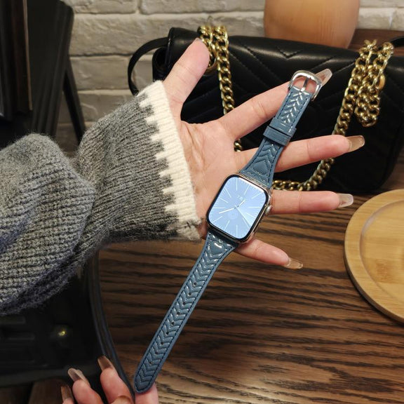 For Apple Watch 42mm / 41mm / 40mm / 38mm Heart-Shaped Embossed Leather Watch Band(Chrysanthemum Blue)