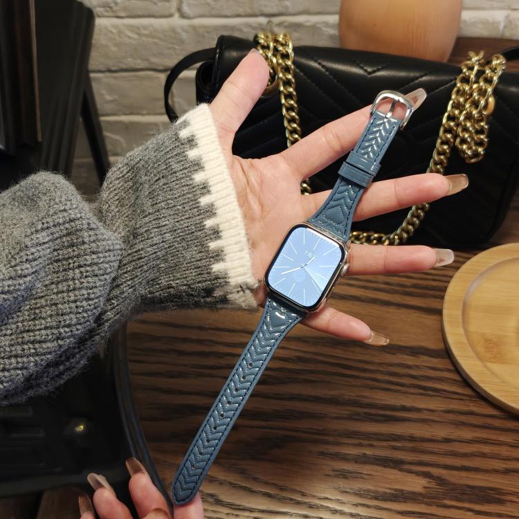 For Apple Watch 42mm / 41mm / 40mm / 38mm Heart-Shaped Embossed Leather Watch Band(Chrysanthemum Blue)