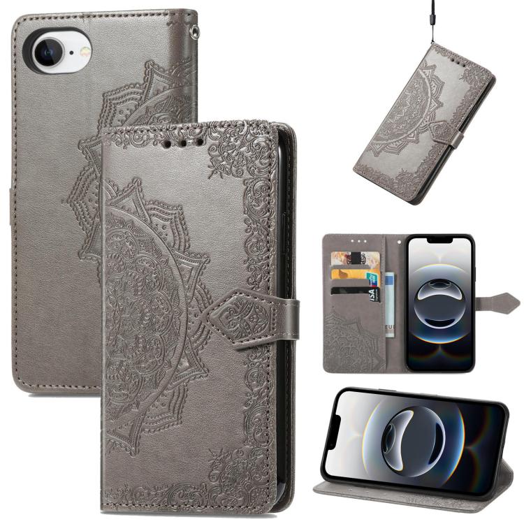 For iPhone 16e Mandala Flower Embossed Leather Phone Case(Gray) - free shipping - PMC TechLife - Order now!
