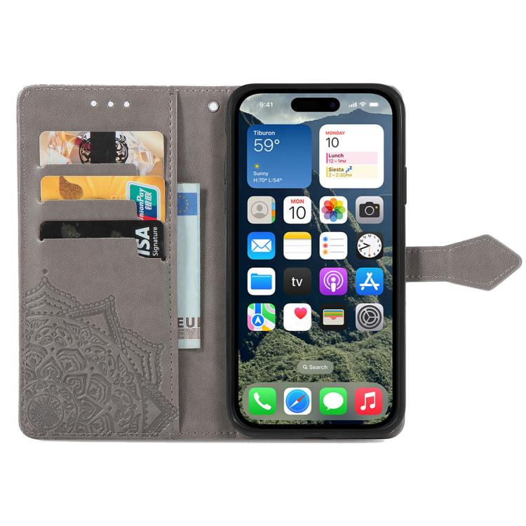 For iPhone 16e Mandala Flower Embossed Leather Phone Case(Gray) - free shipping - PMC TechLife - Order now!