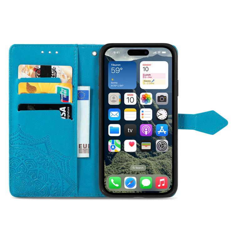 For iPhone 16e Mandala Flower Embossed Leather Phone Case(Blue) - iPhone 16e Cases by PMC TechLife | Online Shopping South Africa | PMC TechLife | Buy Now Pay Later Mobicred