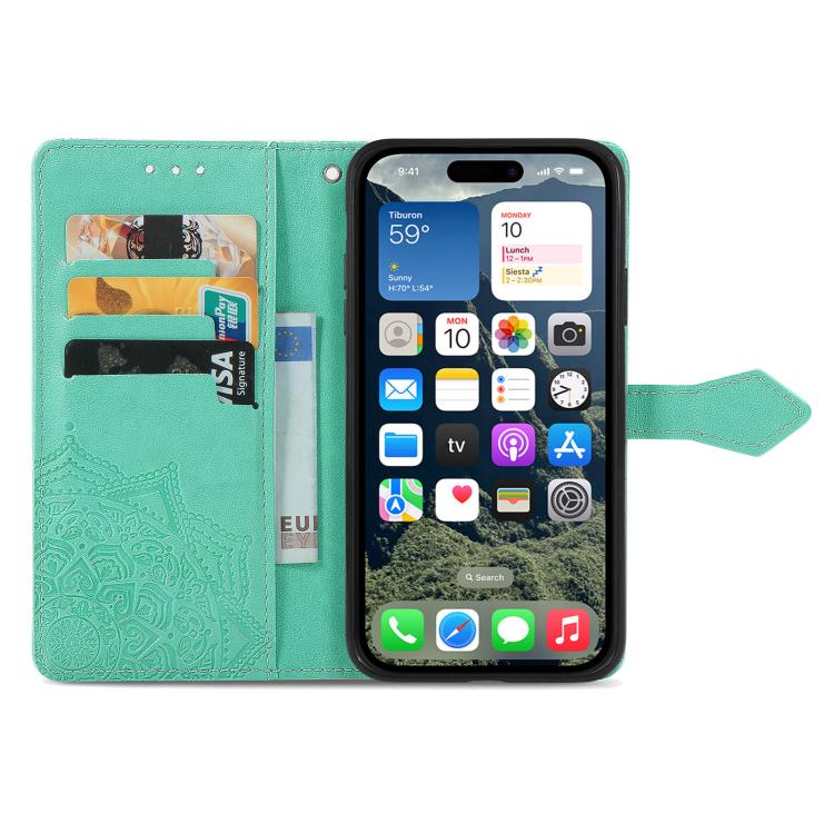 For iPhone 16e Mandala Flower Embossed Leather Phone Case(Green) - iPhone 16e Cases by PMC TechLife | Online Shopping South Africa | PMC TechLife | Buy Now Pay Later Mobicred