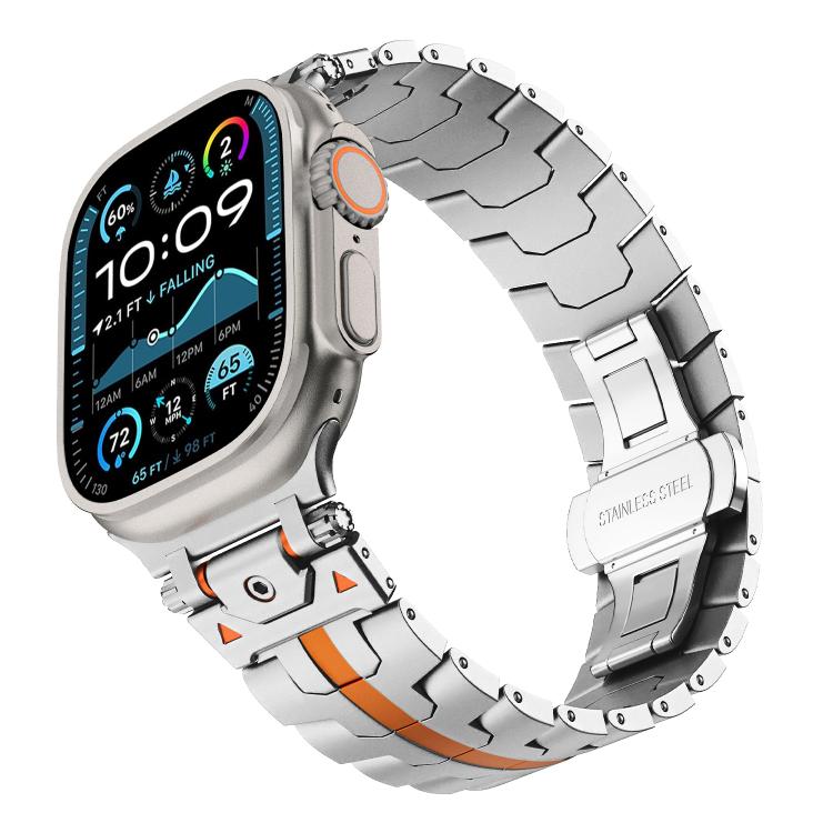 For Apple Watch 46mm / 49mm / 45mm / 44mm Stainless Steel Iron Man Butterfly Buckle Metal Watch Band(Silver Orange) - free shipping - PMC TechLife - Order now!