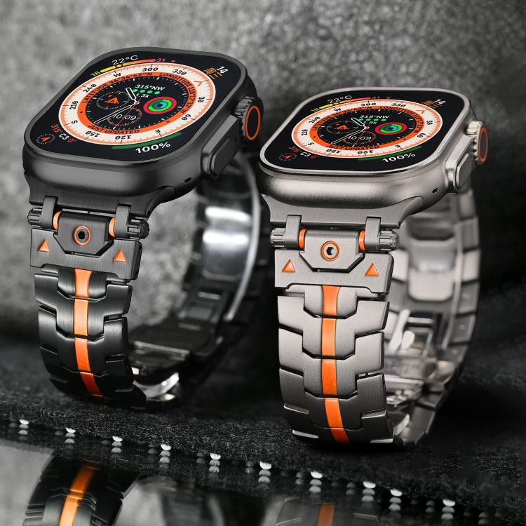For Apple Watch 46mm / 49mm / 45mm / 44mm Stainless Steel Iron Man Butterfly Buckle Metal Watch Band(Black Orange)