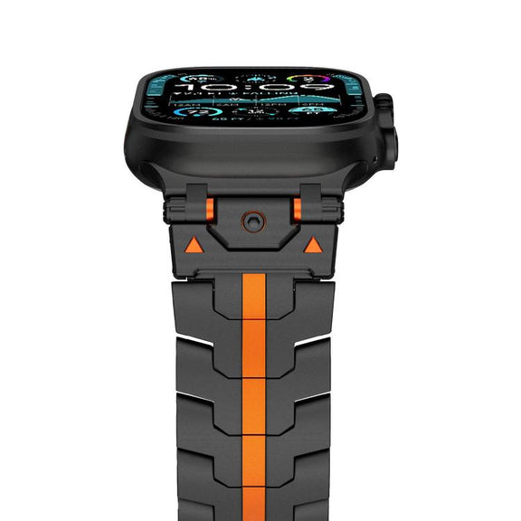 For Apple Watch 46mm / 49mm / 45mm / 44mm Stainless Steel Iron Man Safety Buckle Metal Watch Band(Black Orange)