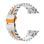For Apple Watch 42mm / 41mm / 40mm / 38mm Stainless Steel Iron Man Safety Buckle Metal Watch Band(Silver Orange)