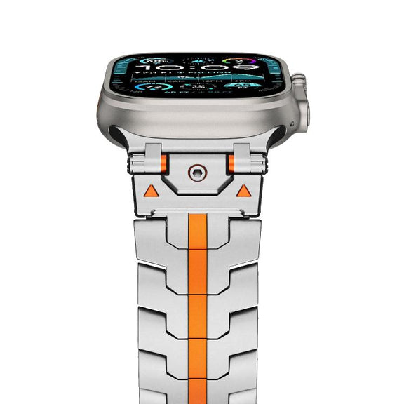 For Apple Watch 42mm / 41mm / 40mm / 38mm Stainless Steel Iron Man Safety Buckle Metal Watch Band(Silver Orange)