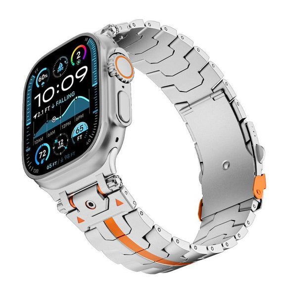 For Apple Watch 42mm / 41mm / 40mm / 38mm Stainless Steel Iron Man Safety Buckle Metal Watch Band(Silver Orange)