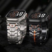 For Apple Watch 46mm / 49mm / 45mm / 44mm Stainless Steel Iron Man Safety Buckle Metal Watch Band(Silver Orange)