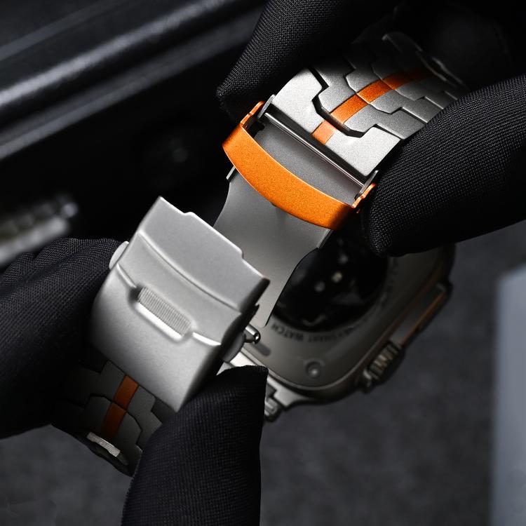 For Apple Watch 42mm / 41mm / 40mm / 38mm Stainless Steel Iron Man Safety Buckle Metal Watch Band(Silver Orange)