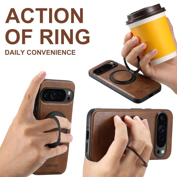 For Google Pixel 7a Suteni G3 Oil Wax 360 Rotation Holder MagSafe Back Phone Case(Brown)