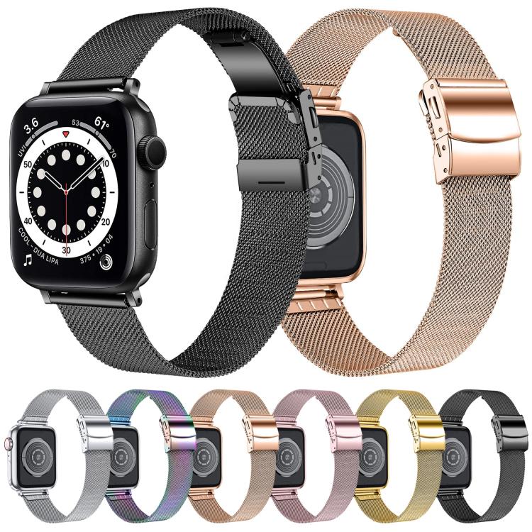 For Apple Watch 46mm / 49mm / 45mm / 44mm Hyphosis Buckle Milanese Metal Watch Band(Rose Gold)