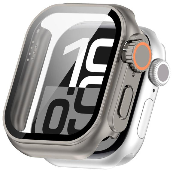 For Apple Watch Series 10 46mm Change to Ultra 49mm Tempered Film Integrated PC Button Watch Case(Titanium Steel Color)