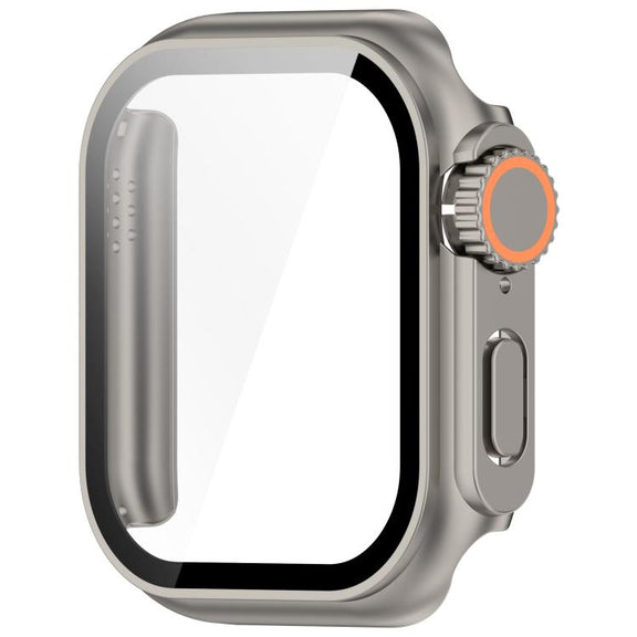 For Apple Watch Series 10 46mm Change to Ultra 49mm Tempered Film Integrated PC Button Watch Case(Titanium Steel Color)