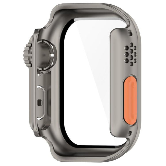 For Apple Watch Series 10 46mm Change to Ultra 49mm Tempered Film Integrated PC Button Watch Case(Titanium Steel Color)
