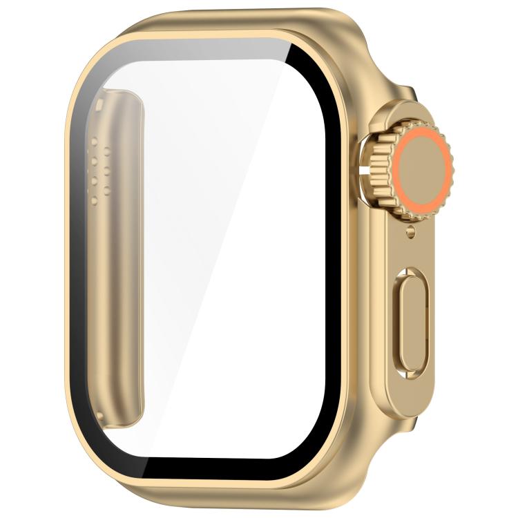 For Apple Watch Series 6/5/4/SE/SE2 44mm Change to Ultra 49mm Tempered Film Integrated PC Button Watch Case(Champagne Gold)