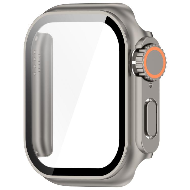 For Apple Watch Series 9/8/7 41mm Change to Ultra 49mm Tempered Film Integrated PC Button Watch Case(Titanium Steel Color)