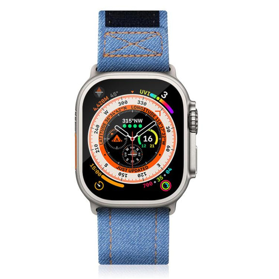 For Apple Watch 46mm / 49mm / 45mm / 44mm Kalebol Cool Denim Nylon Hook and Loop Fastener Watch Band(Dark Blue)