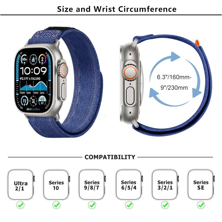 For Apple Watch 46mm / 49mm / 45mm / 44mm Kalebol Cool Denim Nylon Hook and Loop Fastener Watch Band(Dark Blue)