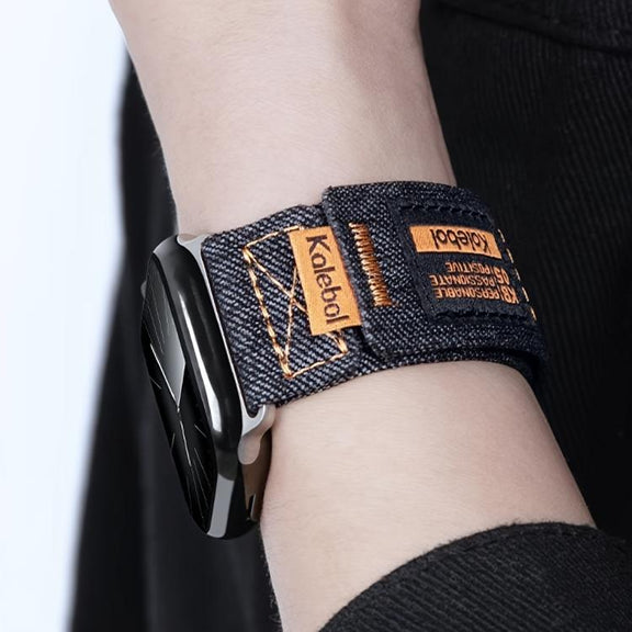 For Apple Watch 46mm / 49mm / 45mm / 44mm Kalebol Cool Denim Nylon Hook and Loop Fastener Watch Band(Dark Blue)
