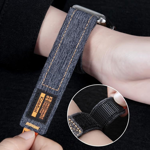 For Apple Watch 42mm / 41mm / 40mm / 38mm Kalebol Cool Denim Nylon Hook and Loop Fastener Watch Band(Dark Blue)