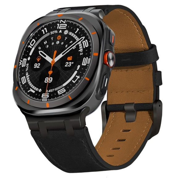 For Samsung Galaxy Watch Ultra 47mm Crazy Horse Leather Watch Band(Black+Black Buckle)
