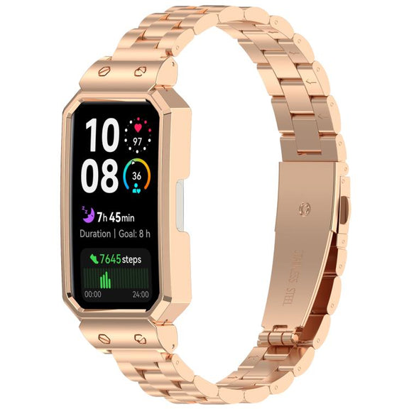 For Huawei Band 10 / 10 NFC / 9 / 9 NFC Watch Frame Integrated Three Beads Stainless Steel Watch Band(Rose Gold)
