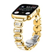 For Apple Watch 46mm / 49mm / 45mm / 44mm Small Square Diamonds Butterfly Buckle Watch Band(Gold)