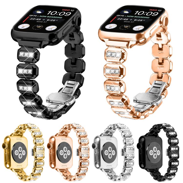 For Apple Watch 46mm / 49mm / 45mm / 44mm Small Square Diamonds Butterfly Buckle Watch Band(Gold)