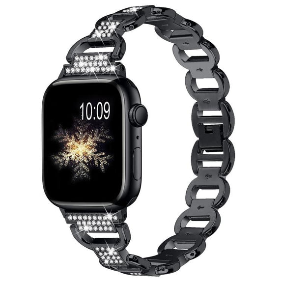 For Apple Watch 46mm / 49mm / 45mm / 44mm Oval Diamonds Steel Watch Band(Black)