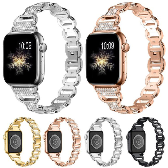 For Apple Watch 46mm / 49mm / 45mm / 44mm Oval Diamonds Steel Watch Band(Black)