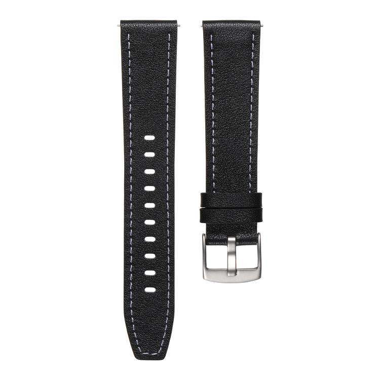 18mm Push Button Silver Steel Buckle Genuine Leather Watch Band(Black)