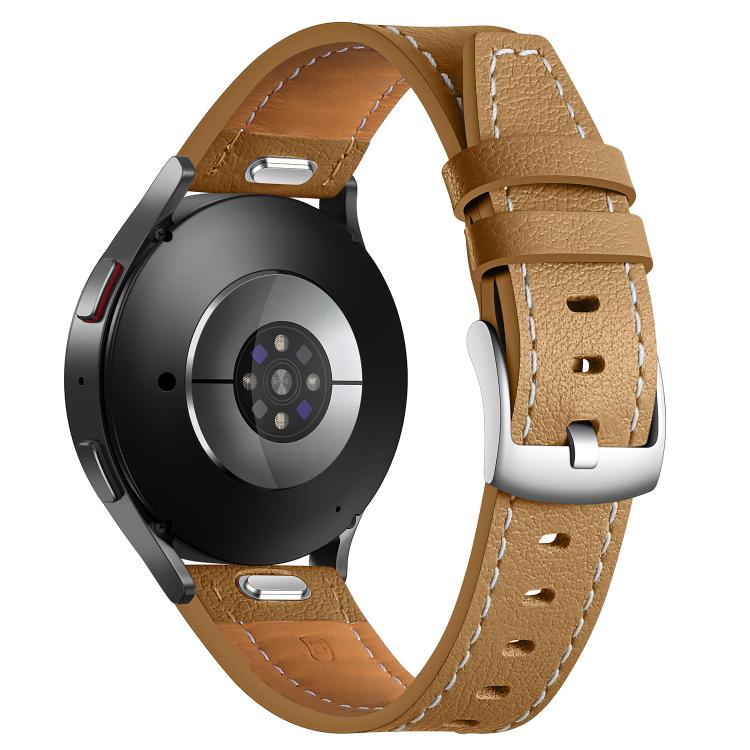 20mm Push Button Silver Steel Buckle Genuine Leather Watch Band(Yellow Brown)