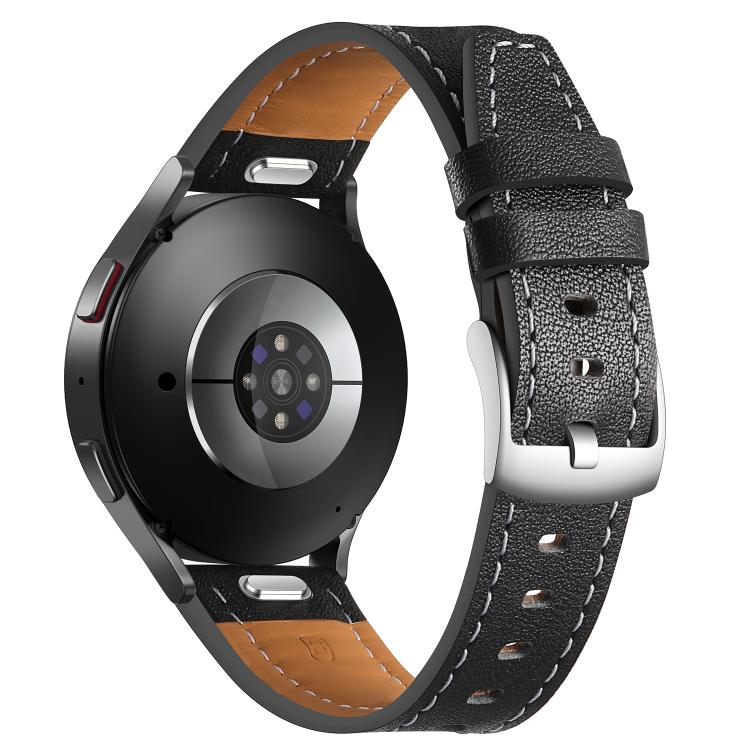 20mm Push Button Silver Steel Buckle Genuine Leather Watch Band(Black)