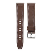 22mm Push Button Silver Steel Buckle Genuine Leather Watch Band(Brown)