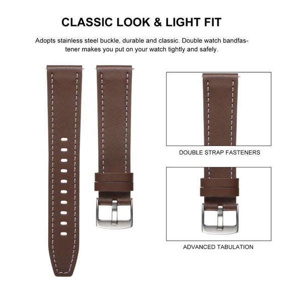 22mm Push Button Silver Steel Buckle Genuine Leather Watch Band(Brown)