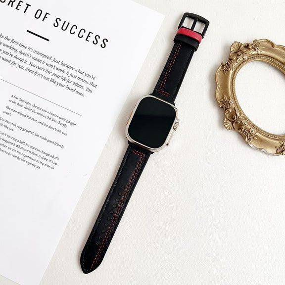 For Apple Watch 46mm / 49mm / 45mm / 44mm 7-Line Tri-Star Buckle Pull Up Leather Watch Band(Black Red Thread)