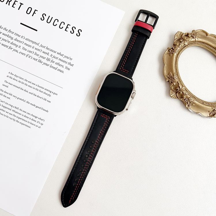 For Apple Watch 46mm / 49mm / 45mm / 44mm 7-Line Tri-Star Buckle Pull Up Leather Watch Band(Black Red Thread)